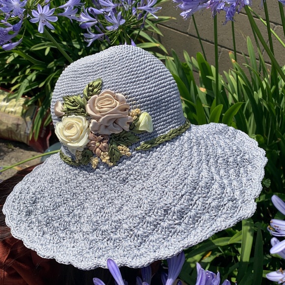 Grey Crocheted Floral Wide Brim Hat main image 11